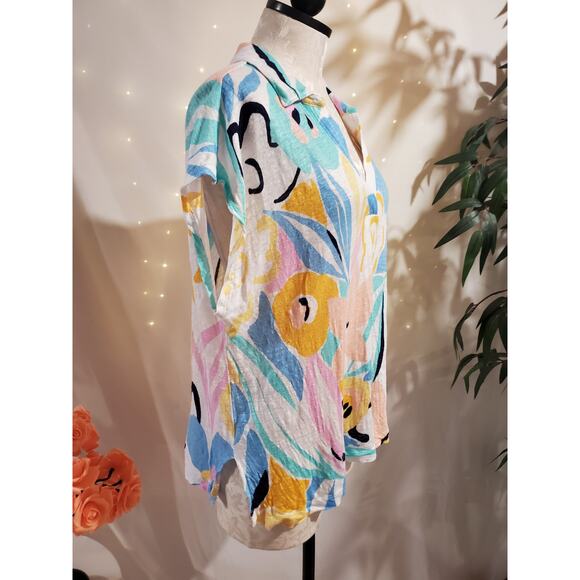 Rachel Zoe Womens 100% Linen Split Neck Short Sleeve Top Size XL Artsy Abstract - Picture 4 of 9